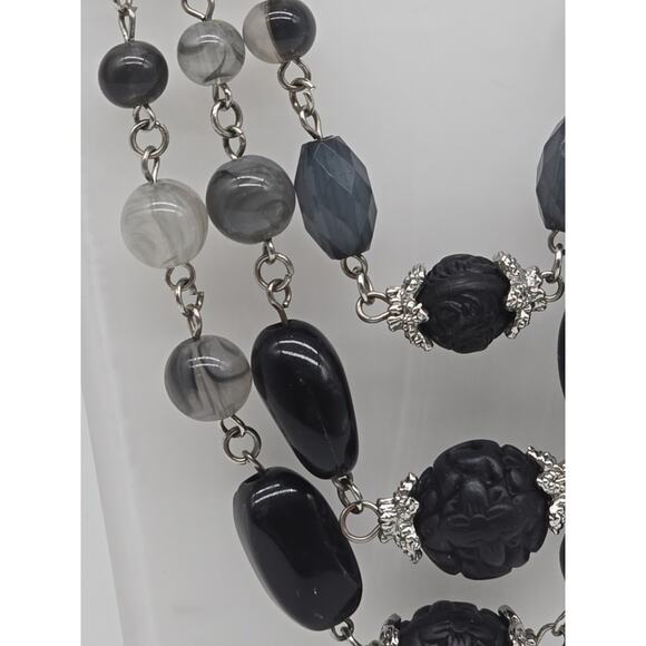 Whimsigoth Multi-Layer Chain Necklace Black Grey Acrylic Beads Faux Carved Onyx - Picture 4 of 12